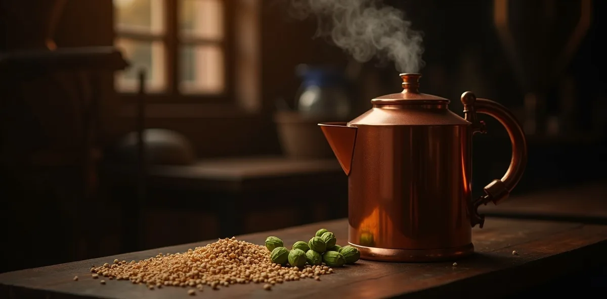 Copper brew kettle steaming beside fresh hop cones and pale malt on a wooden workbench