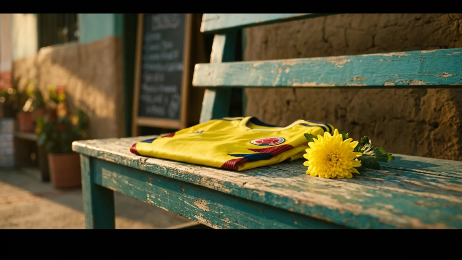 Colombia national team yellow #10 jersey folded on a weathered teal wooden bench outside a Medellín tienda at golden hour