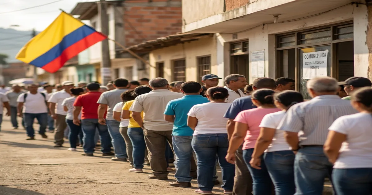 Colombian voters outside a polling station on election day, national flag in the background