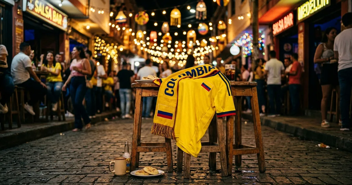 Hinchas de Colombia con camisetas amarillas de la Tricolor celebrando un gol en una calle de bares de Medellín de noche