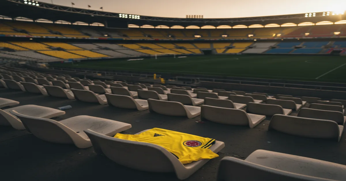 An empty stadium at dusk with a lone Colombia yellow jersey draped over a seat, the flag colors catching the last light
