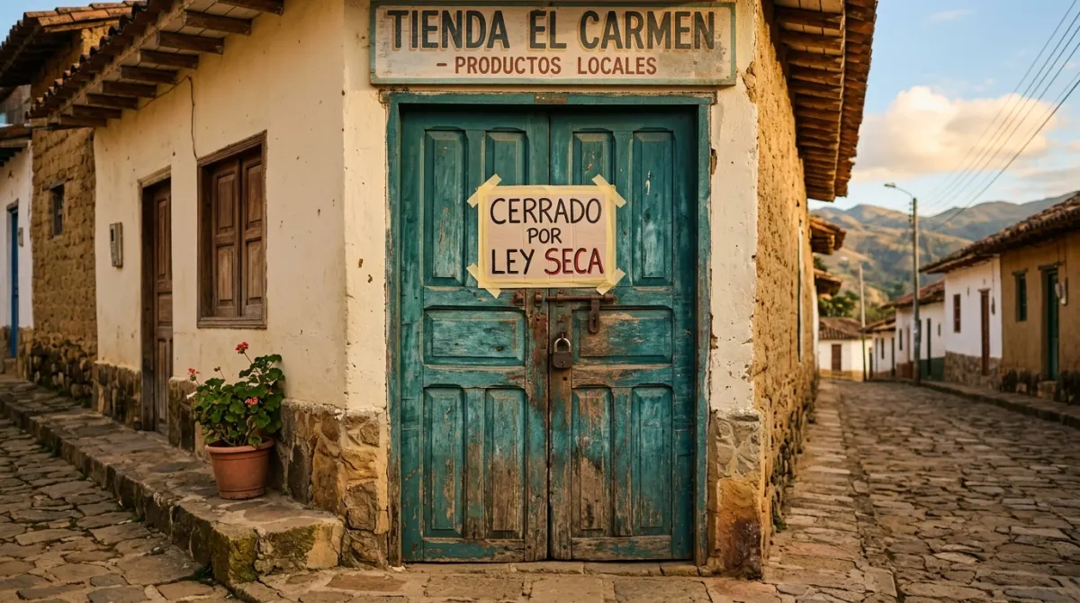 Weathered teal wooden door of a closed Colombian tienda with a handwritten paper sign reading CERRADO POR LEY SECA, golden hour light
