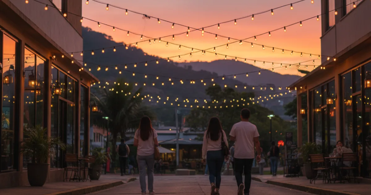 A calm golden-hour street in El Poblado, Medellín, with people strolling past lit cafes under warm string lights, green Andean hills behind