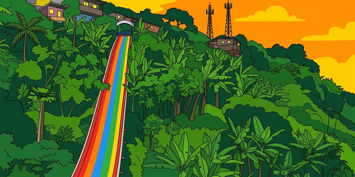 Illustration of the rainbow slide and sunset hillside at La Ferro, Pereira.