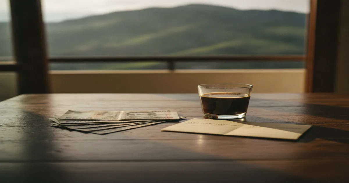 Colombian banknotes and a small black coffee on a wooden desk in morning light