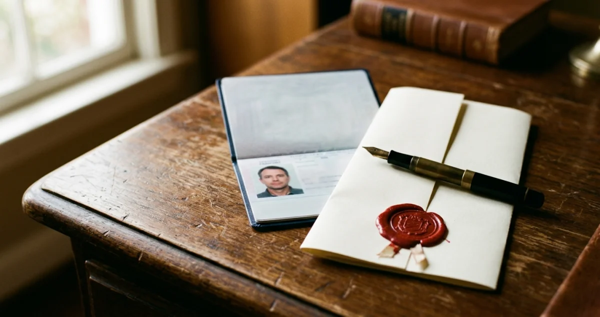 Notary office desk with a Colombian passport, Registro Civil, and Escritura Pública for a minor's permanent exit permit