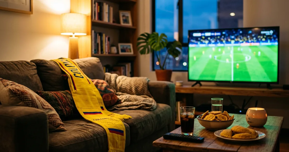 A television showing a Colombia national team World Cup match in a Colombian living room with a yellow Tricolor scarf draped over the couch