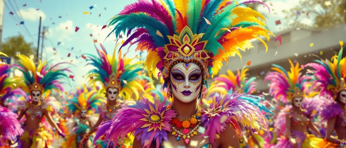 Carnival parade with colorful costumes along Caribbean waterfront