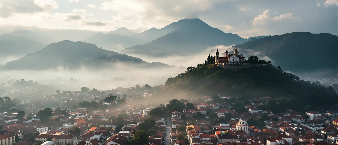 Monserrate mountain above La Candelaria colonial rooftops in misty morning light