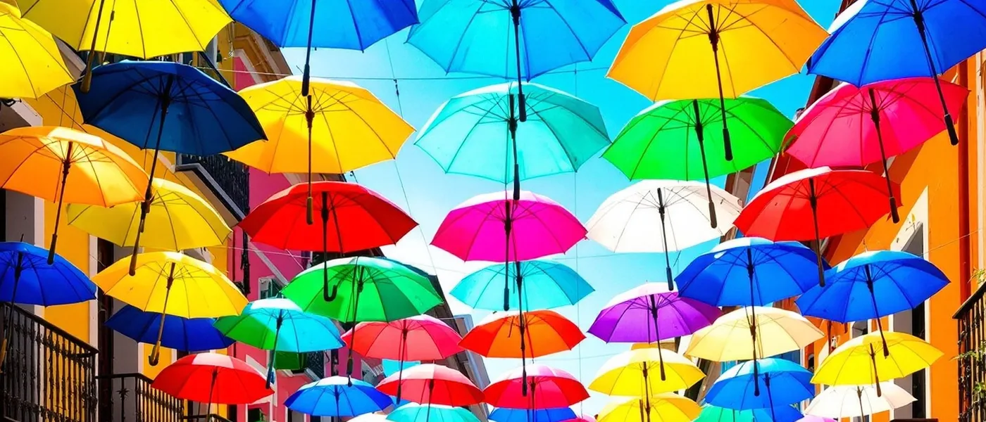 Colorful hanging umbrellas over narrow colonial street in Cartagena Old Town