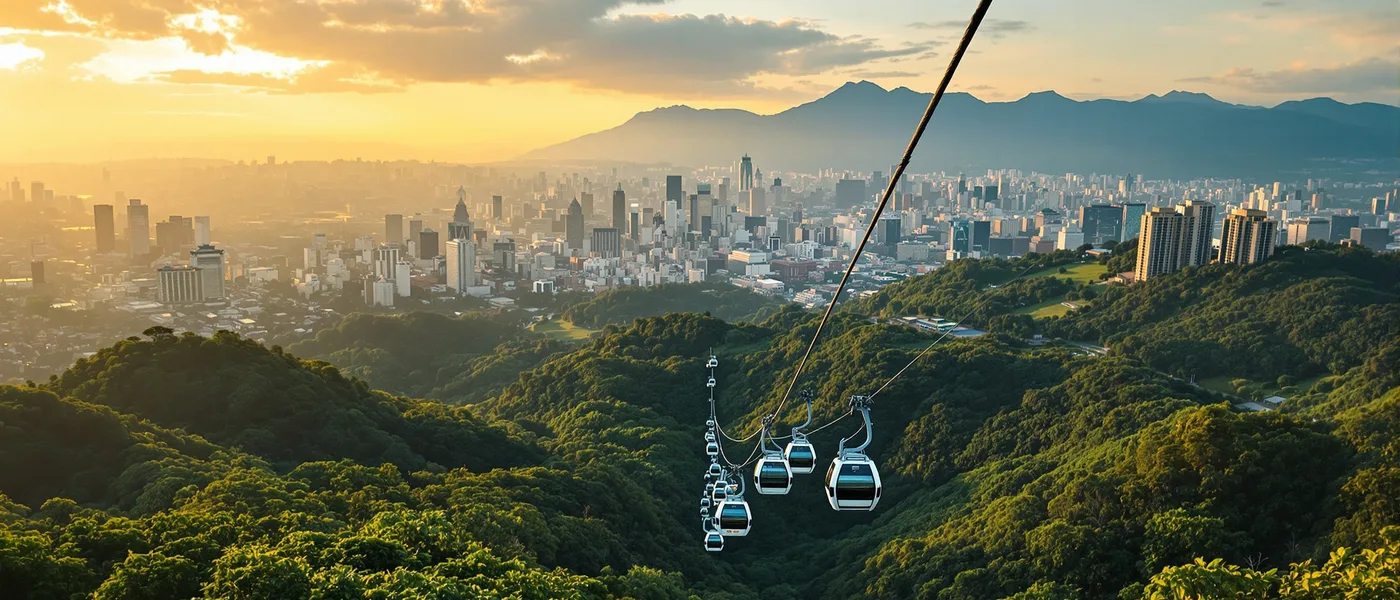Medellin metro cable gondolas over green valley with Poblado skyline