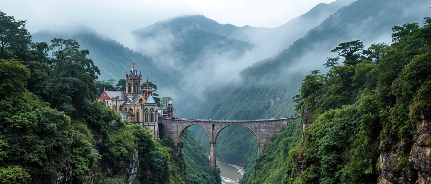 Las Lajas Sanctuary cathedral built into canyon gorge with misty Andes backdrop