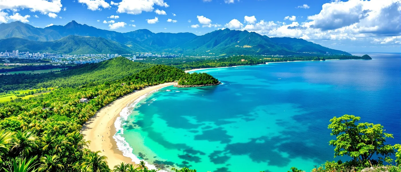 Tayrona-style beach cove with Sierra Nevada mountains rising in the background