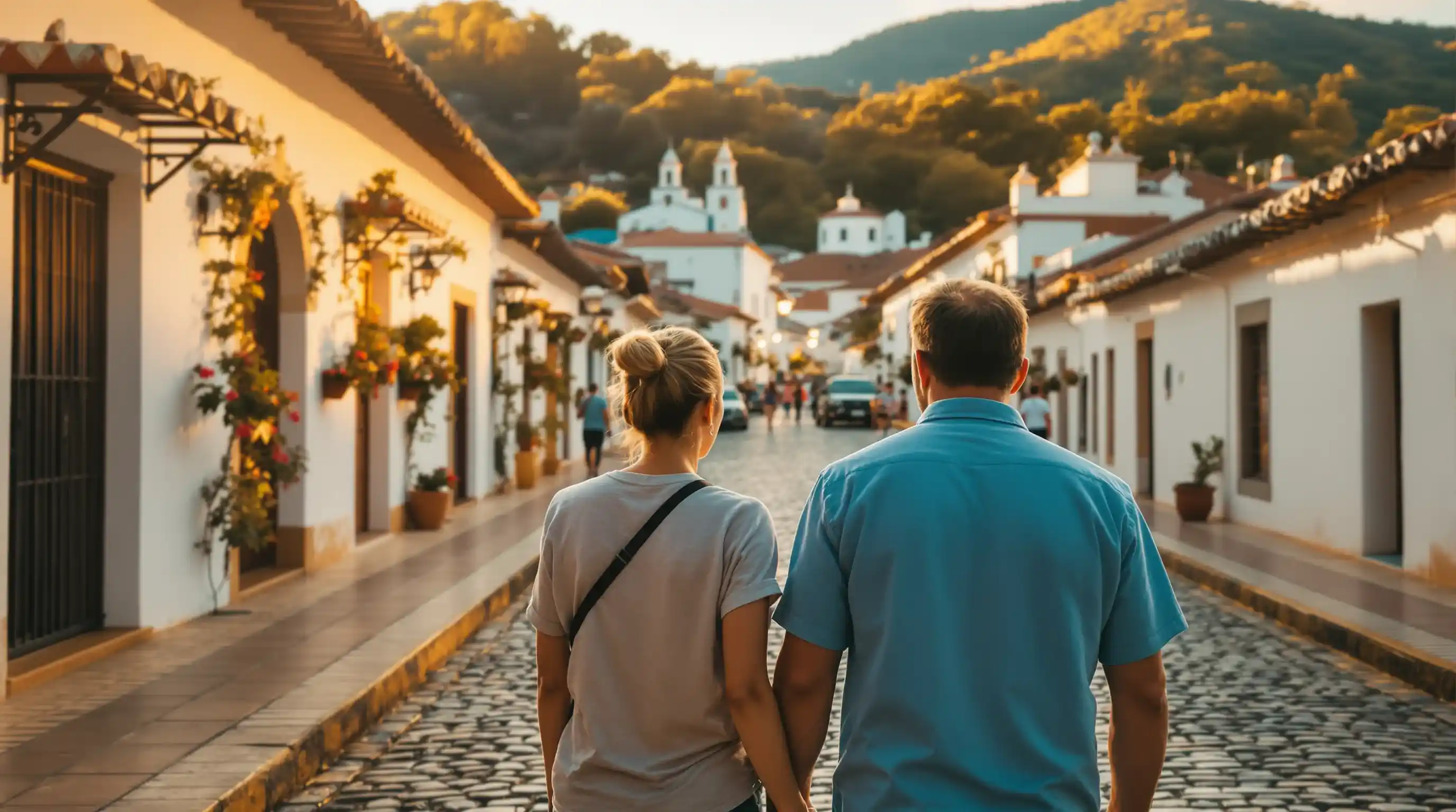 Expat couple exploring a Colombian colonial town